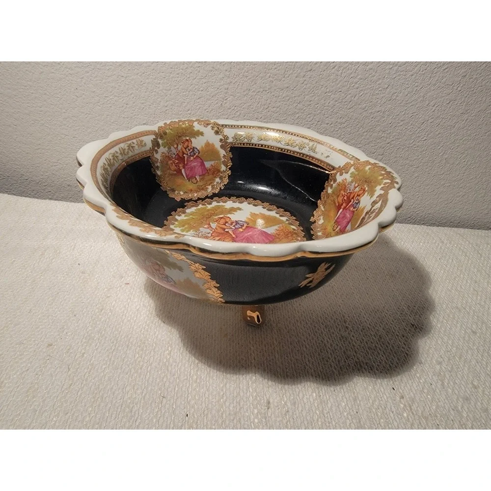 FRAGONARD VINTAGE COBALT GOLD EUROPEAN DESIGN DECORATIVE PORCELAIN BOWL‎